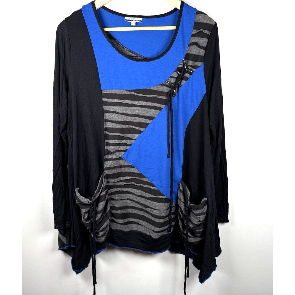 Mirror Image Batik Blouse Patchwork Blue Black Tie Detail Pocket‎ Y2K Women Med